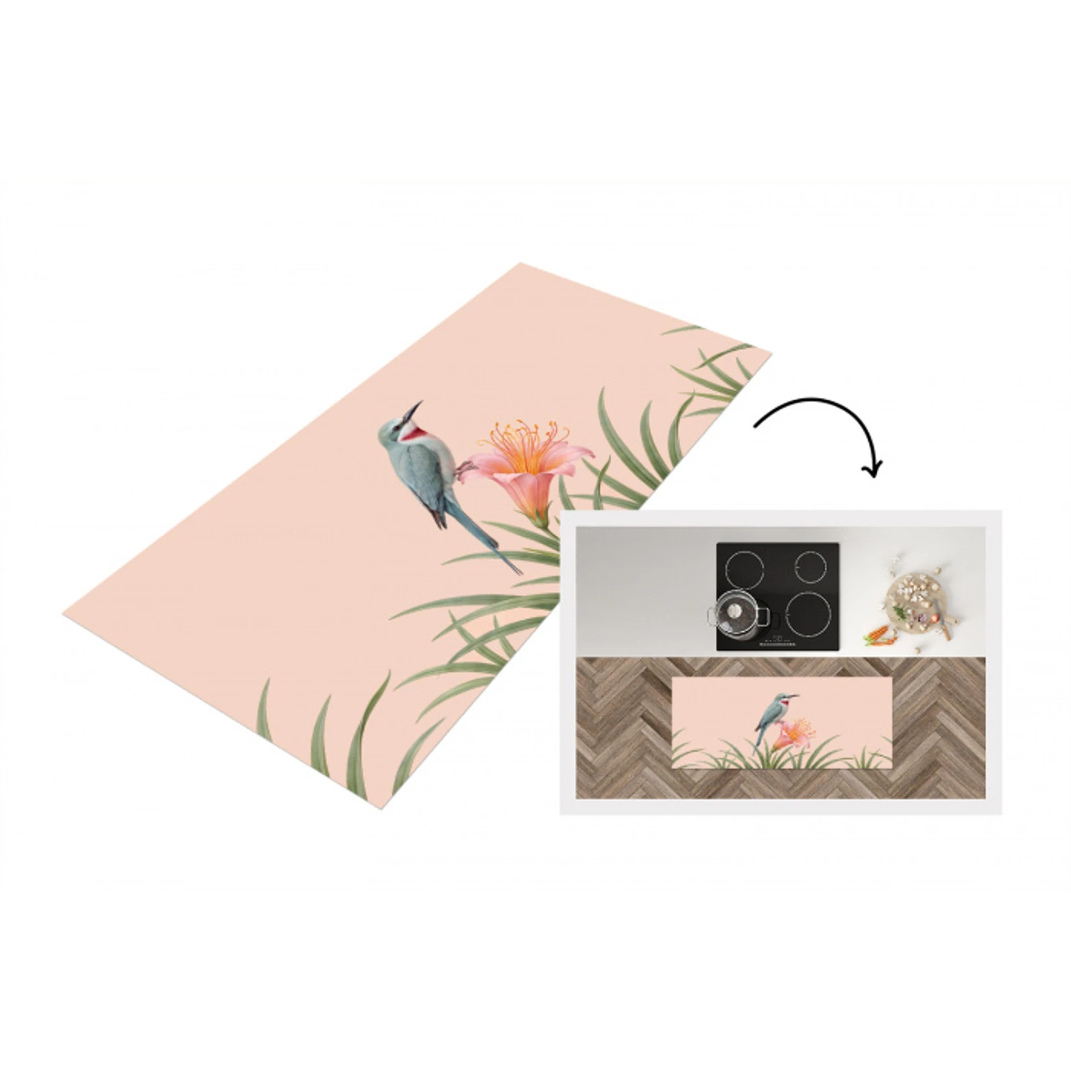 Vogel - Bloem - Natuur - Roze Keukenloper - keukenmat middel -3d