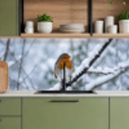 Roodborstje - Tak - Sneeuw - Winter - Levendig keuken achterwand 2 middel -sfeer3