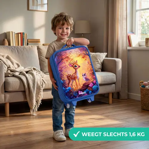 Hertje en uil in een roze sprookjesbos Kinderkoffer - Blauw klein -sfeer2_NL