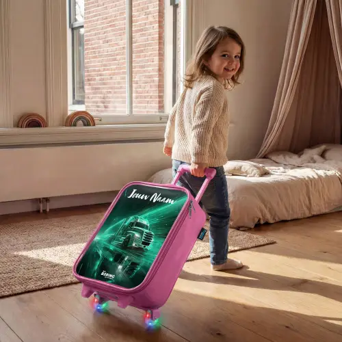 Vrachtwagen - Stad - Groen - Neon Kinderkoffer - Roze klein -sfeer1