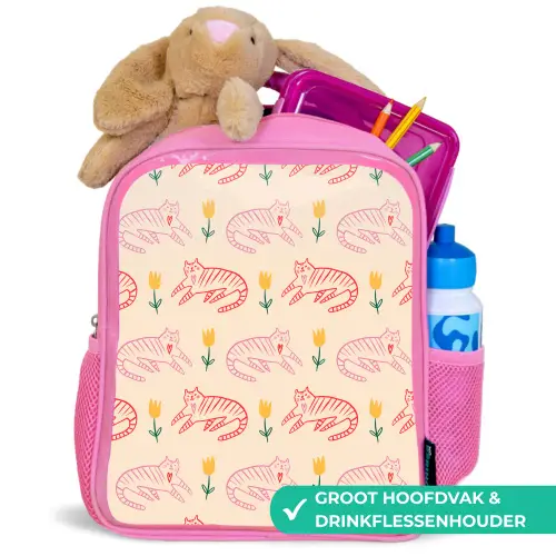 Rood - Roze - Katten - Bloemen Kinderrugzak - Roze middel 863 -inhoud_NL