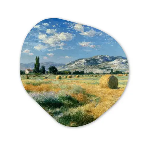 Landschap - Strobalen - Bergen - Wolken Wandcirkel Organisch Plexiglas middel -3d