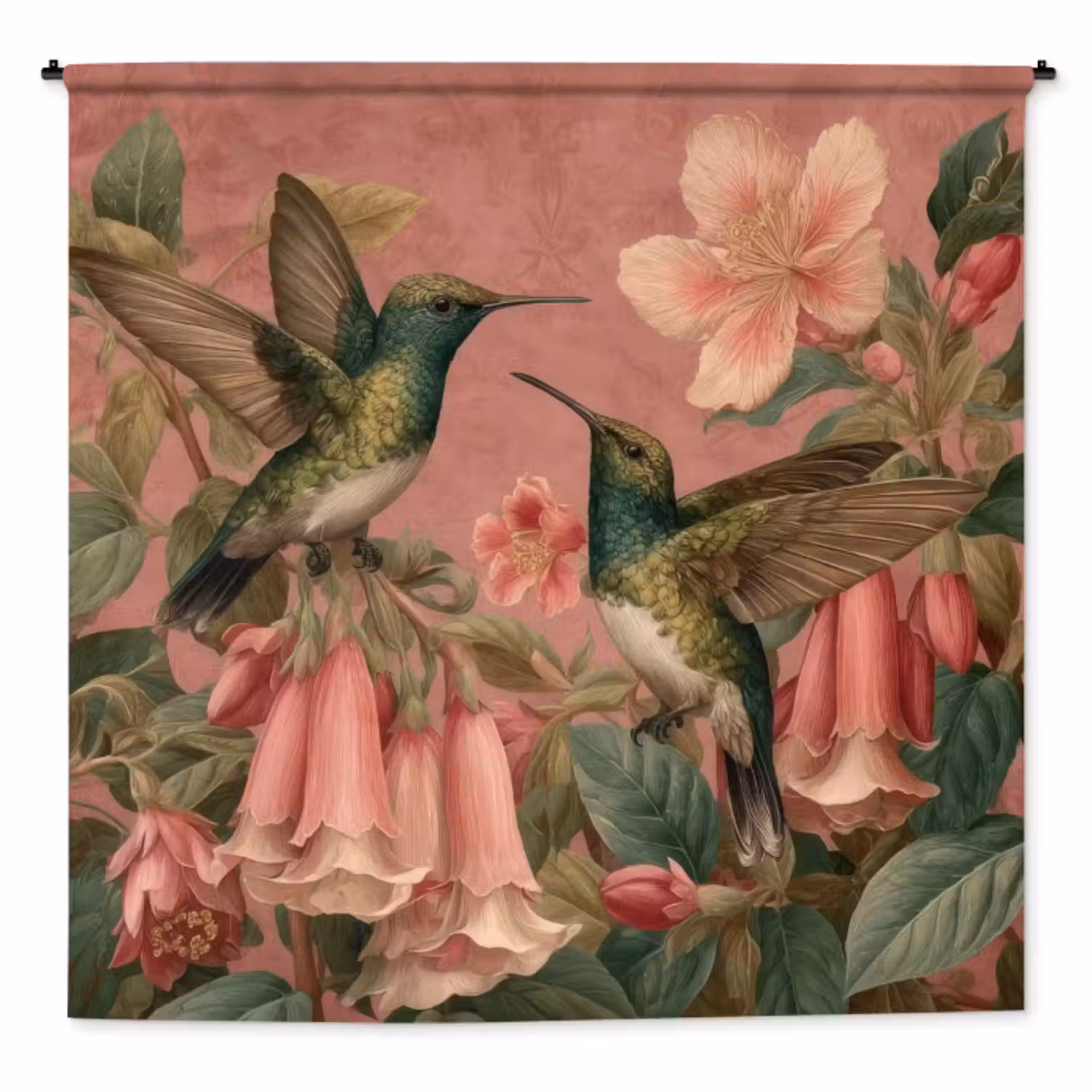 Wandkleed - Kolibries - Bloemen - Groen - Roze