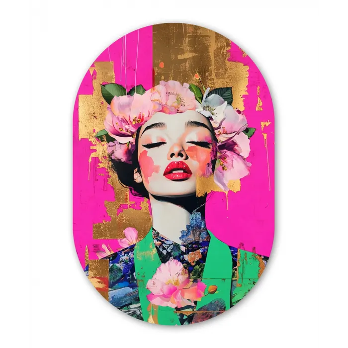 Bloemenkroon - Goud - Vrouw - Portret Wandcirkel Ovaal Glas middel -3d