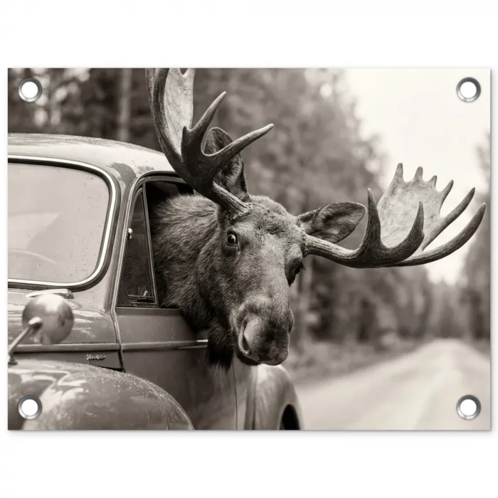 Eland - Auto - Gewei - Zwart - Wit tuinposter los doek klein -3d