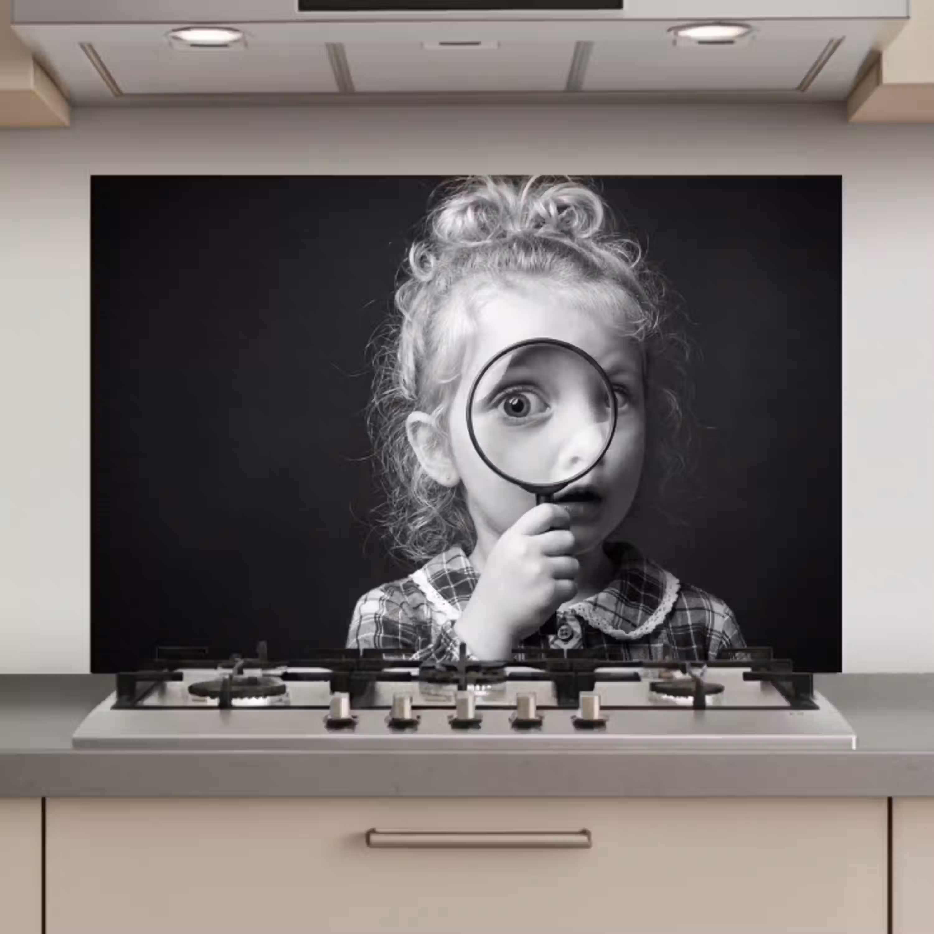 Kind - Vergrootglas - Portret - Zwart-wit keuken achterwand spatscherm klein -3d_website