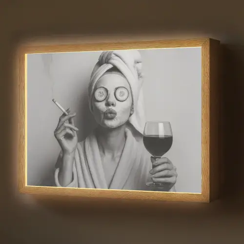 Vrouw - Masker - Wijn - Sigaret Light Box met batterij (Wandlamp) middel -z3d_website