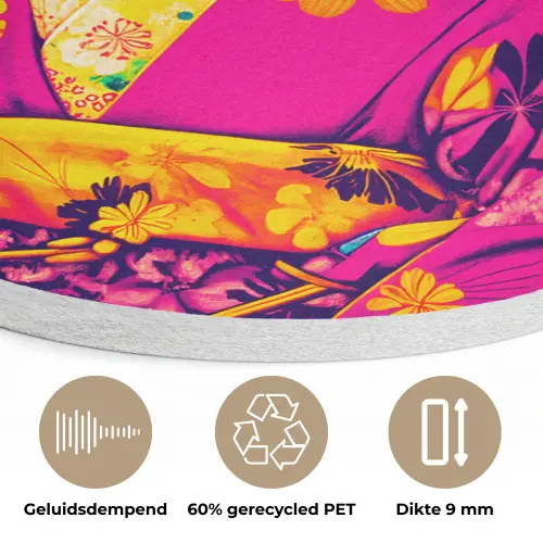 Muis - Kimono - Bloemen - Blauw Akoestische PET Vilt - Rond klein -closeup_NL