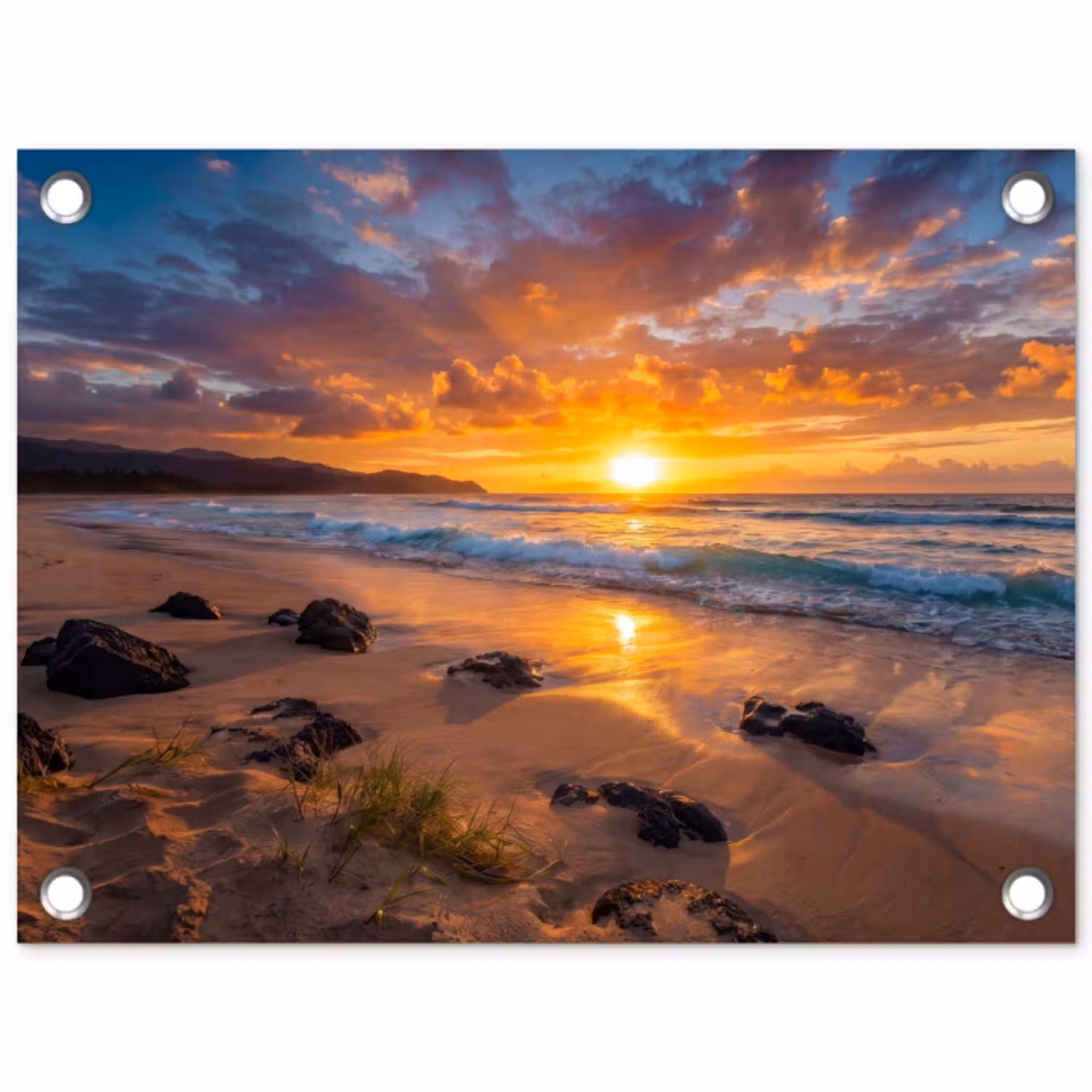 Strand - Zonsondergang - Golven - Natuur - Oranje tuinposter los doek klein -3d