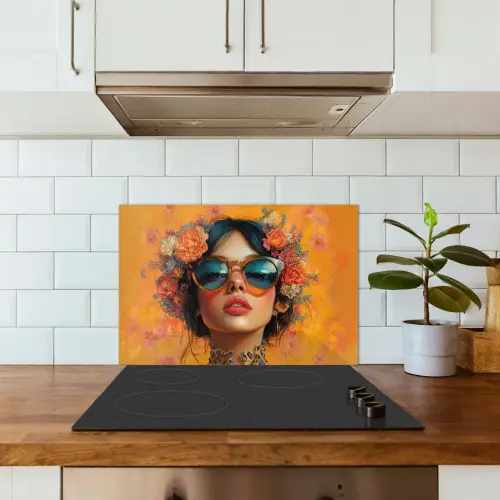 Vrouw - Bloemen - Aesthetic - Oranje keuken achterwand spatscherm klein -sfeer2