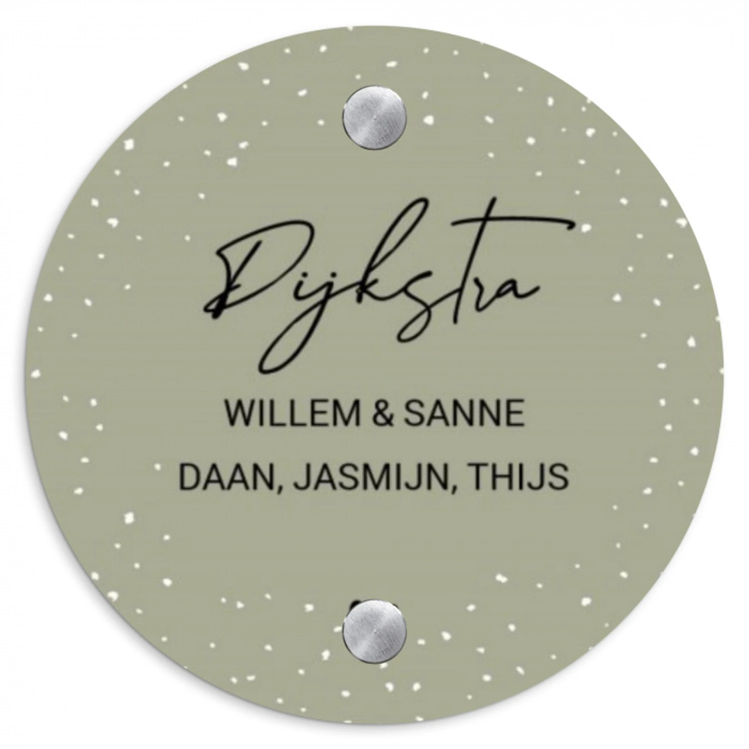 Olijfgroen met stippen - Sierlijk Naambord Rond klein -3d