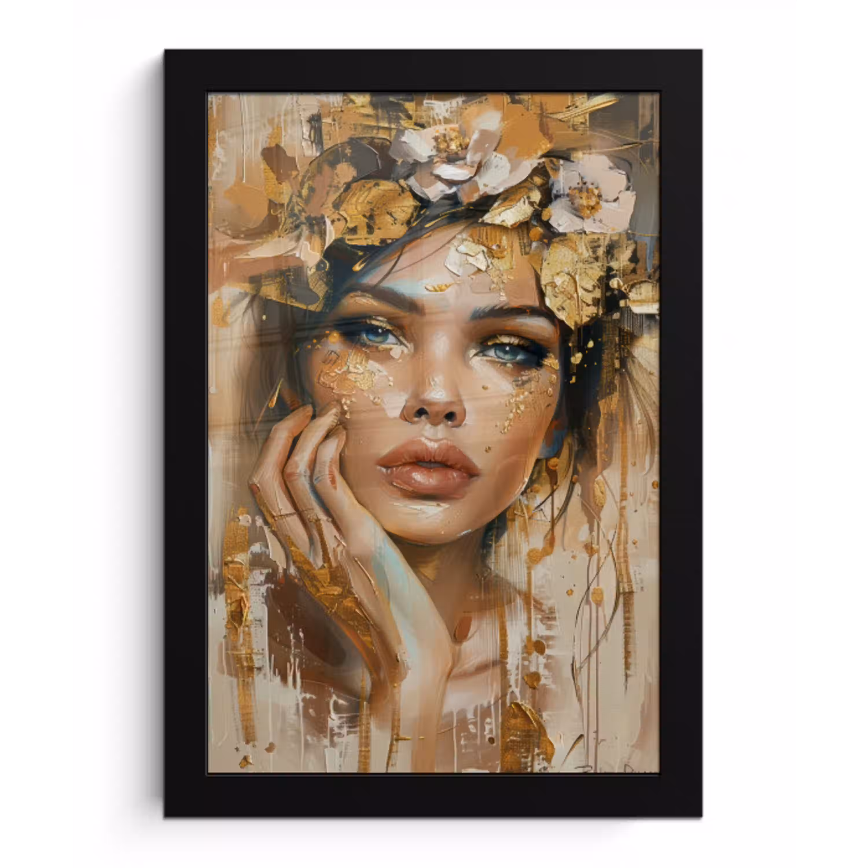 Vrouw - Bloemen  - Goud - Portret fotolijst zwart zonder passe partout klein -3d