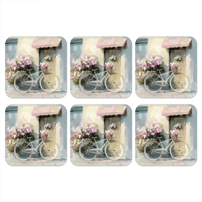 Fiets - Pastelkleuren - Bloemen onderzetter kurk middel -3d