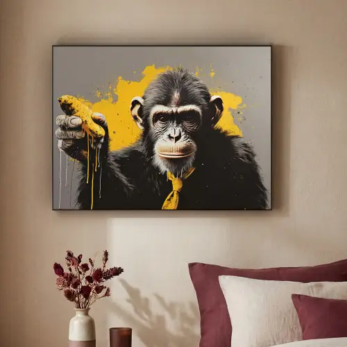 Aap - Chimpansee - Banaan - Geel - Dieren - Stropdas Textielframe - compleet frame klein -sfeer1