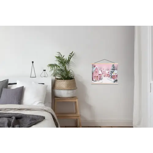 Kerstdorp - Roze - Winter - Sneeuw - Huizen textielposter latten blank klein -woonkamer