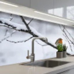 Roodborstje - Tak - Sneeuw - Winter - Levendig keuken achterwand 2 middel -3d_schuin