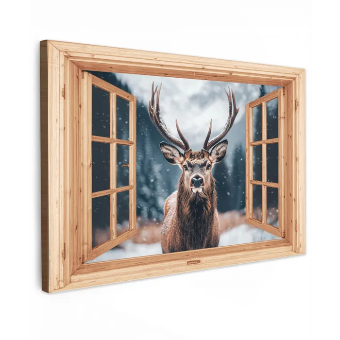 Doorkijk - Hert - Dieren - Winterlandschap - Sneeuw Tuinposter op houten frame 2 cm dik klein -3d
