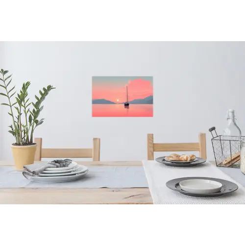 Zeilboot - Roze zee - Zonsondergang - Bergen Muursticker klein -eettafel
