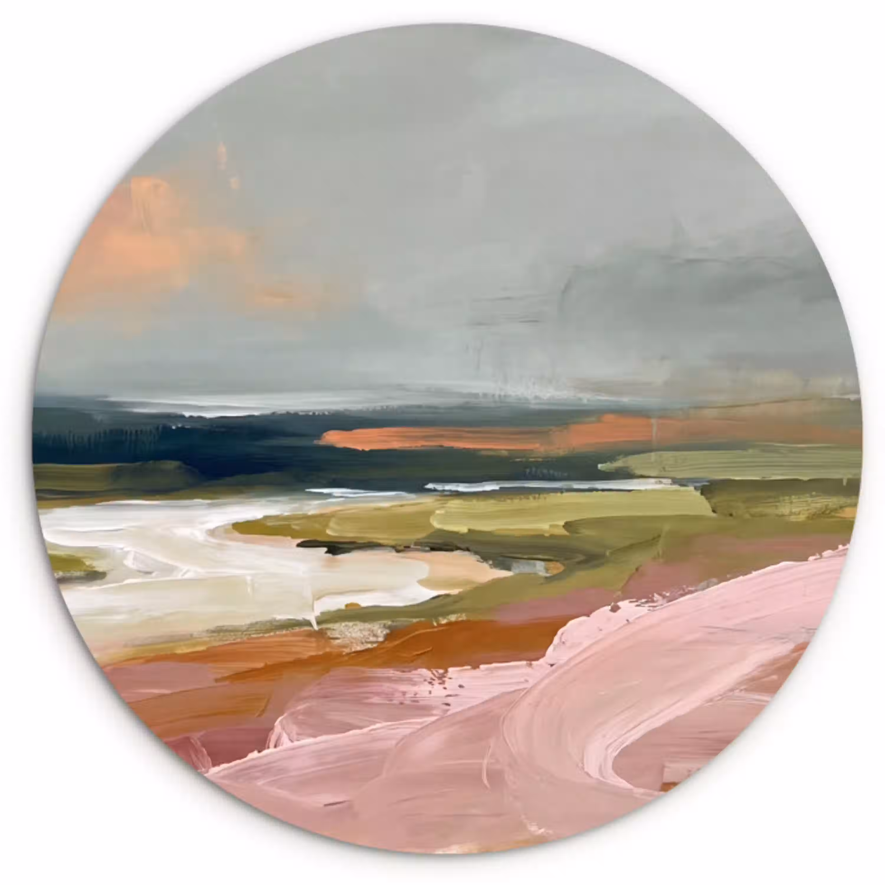 Landschap - Rivier - Abstract - Roze - Groen Wandcirkel kunststof plaat 5mm dik klein -3d