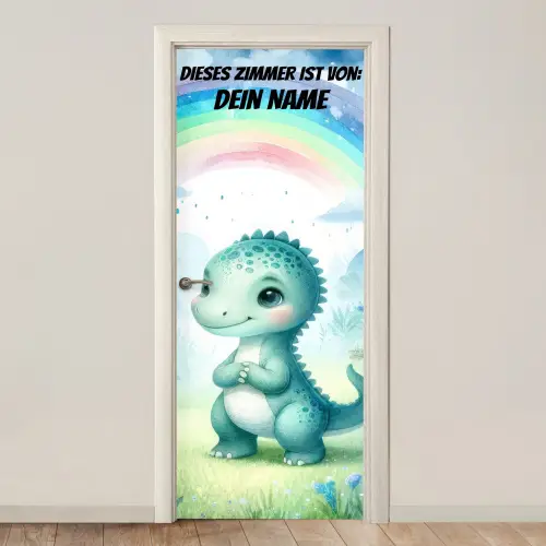Niedlicher Dino unter Regenbogen im Aquarellstil. deurposter klein -3d_beige