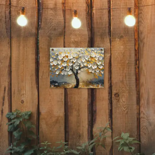 Boom - Bloemen - Goud - Beige tuinposter los doek klein -sfeer1