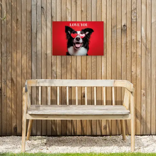 Hond - Hartjesbril - Loveyou - Rood Tuinposter op houten frame 2 cm dik klein -sfeer4