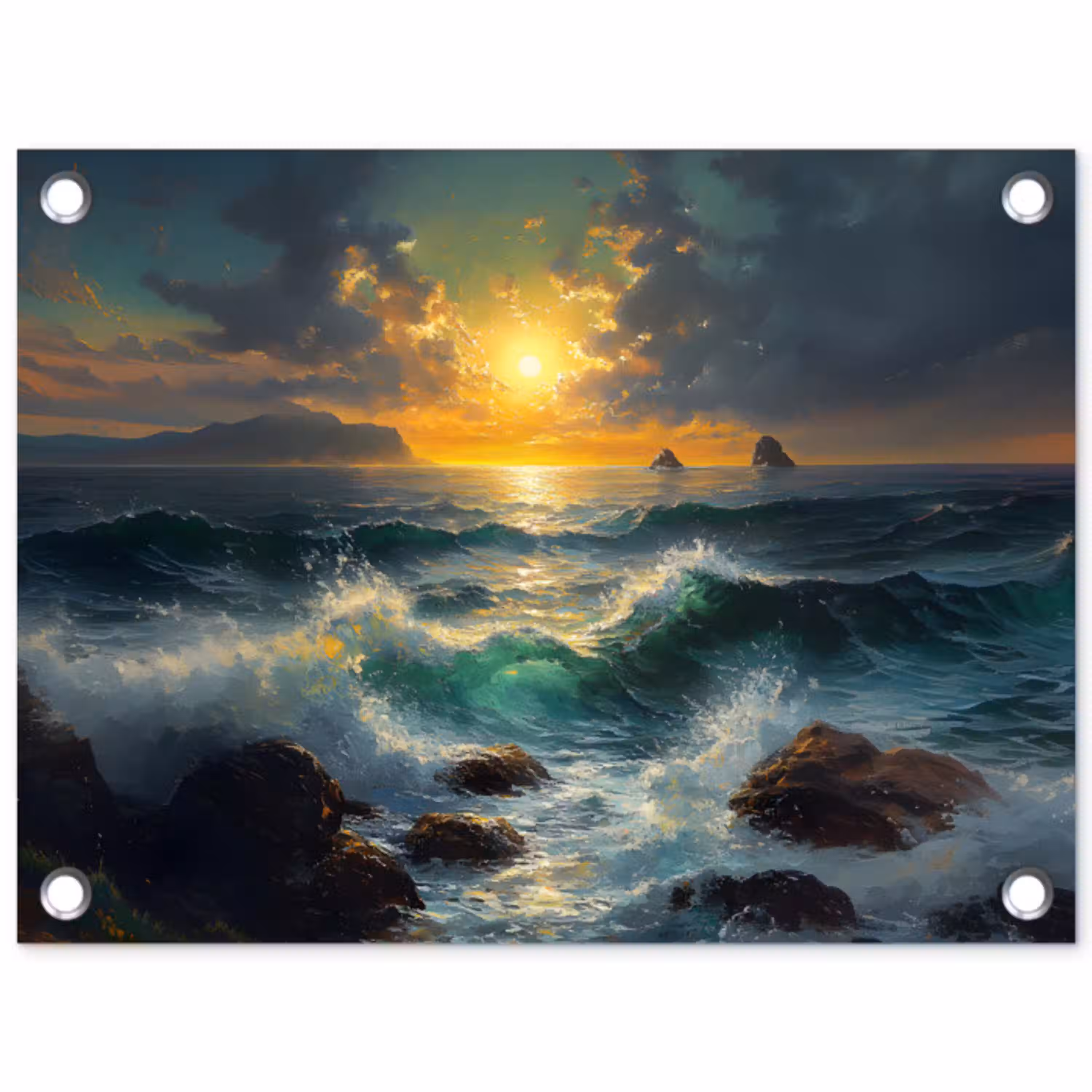 Zee - Zon - Golven - Rotsen tuinposter los doek klein -3d