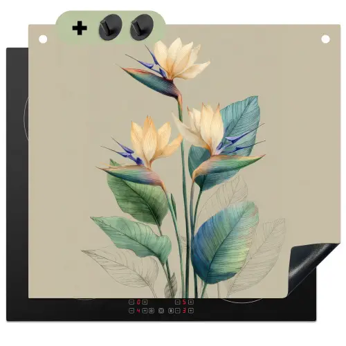 Paradijsvogelbloemen - Blauwgroene bladeren - Beige Inductie beschemer met haakjes middel -3d