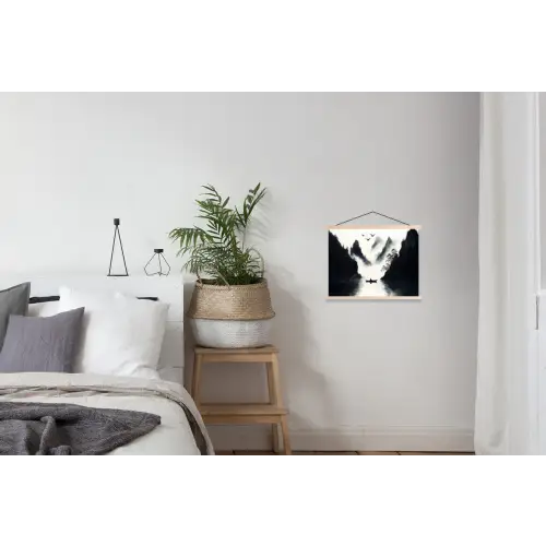 Roeiboot - Mistig - Bergen - Vogels textielposter latten blank klein -woonkamer