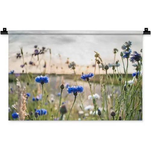 Bloemen - Zomer - Korenbloem - Blauw - Zon - Wolken Wandkleed katoen klein -zz3d