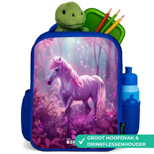 Eenhoorn Omringd door Paarse Natuur Kinderrugzak - Blauw middel -inhoud_NL