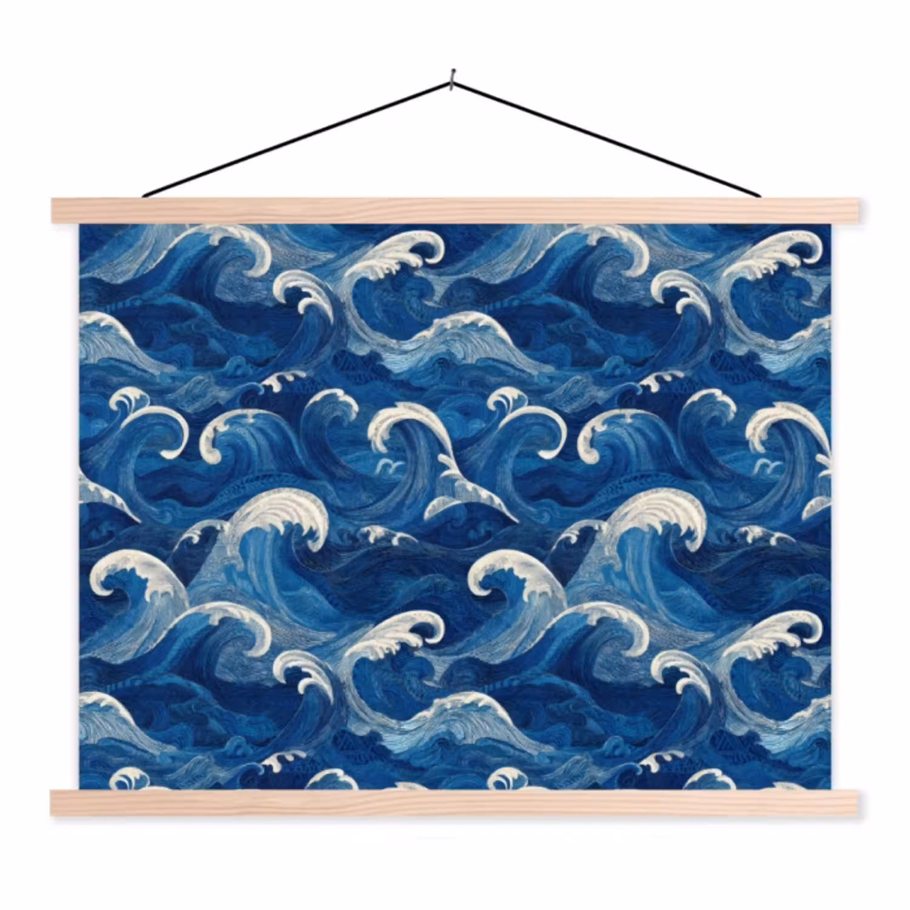 Japans - Oceaan - Golven - Blauw textielposter latten blank klein 122 -3d
