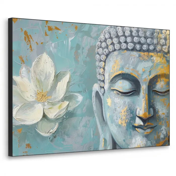 Boeddha - Bloem - Lotus - Goud - Blauw Textielframe - compleet frame klein -3d