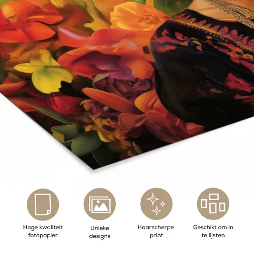 Vrouw - Bloemen - Papegaai - Schilderachtig poster papier klein -closeup_NL