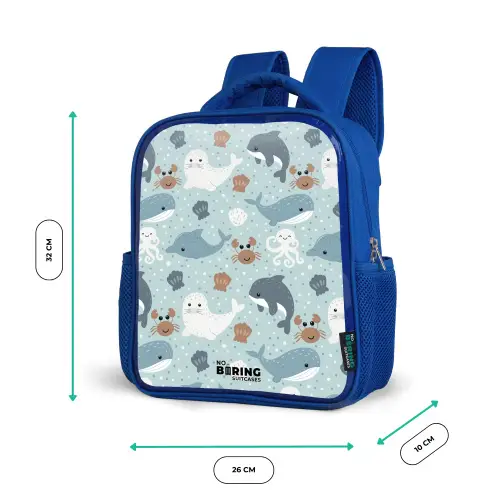 Zeedierenpatroon met dolfijnen, zeehonden en krabben Kinderrugzak - Blauw middel -productfoto_formaten