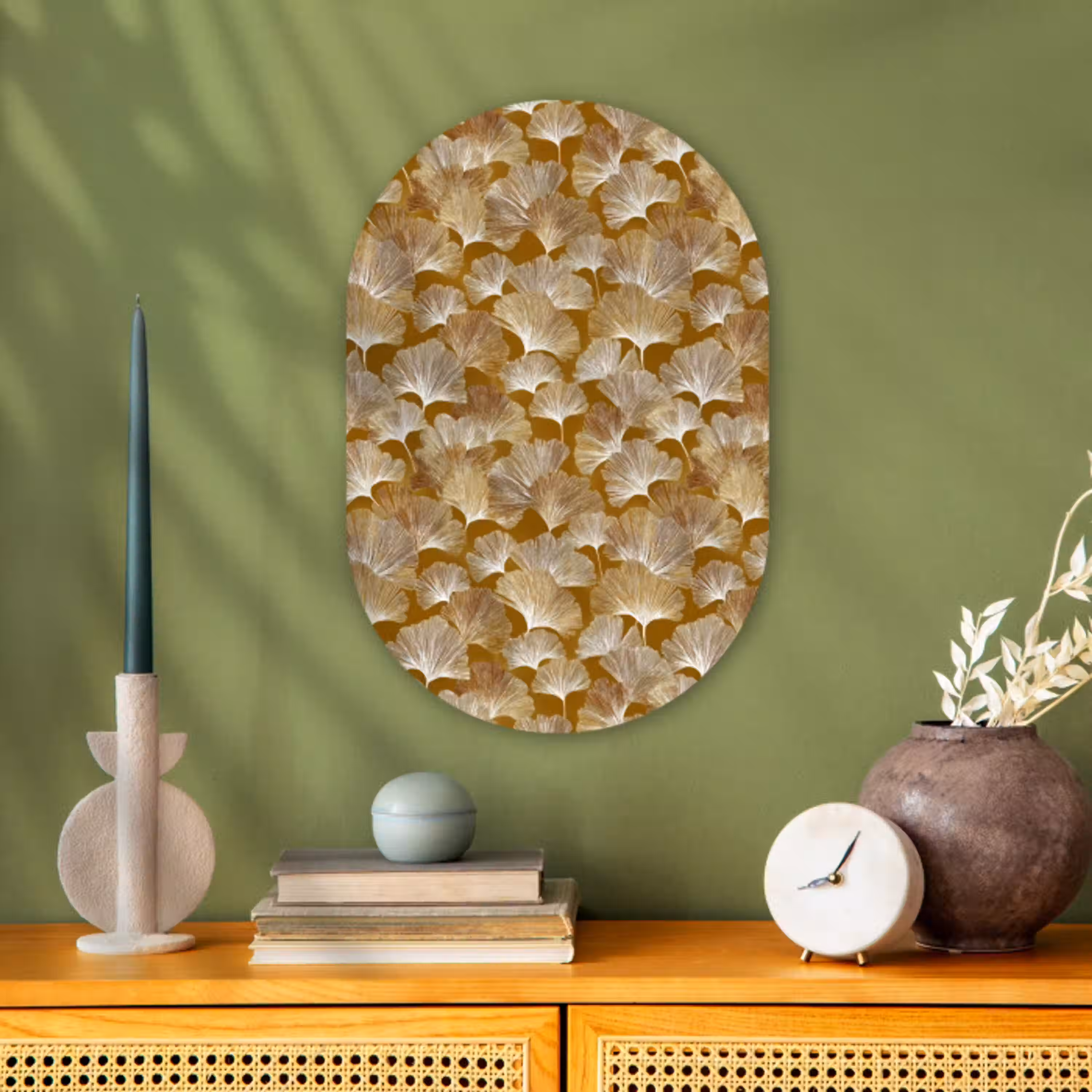 Ginkgo - Bladeren - Goud Wandcirkel Ovaal Forex klein 630 -sfeer2