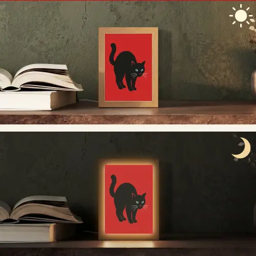 Kat - Zwart - Staart Light Box met kabel (Tafellamp) klein -sfeer3