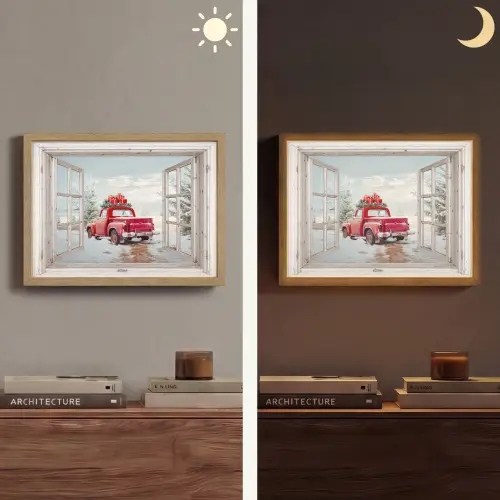 Auto - Rood - Cadeaus - Winter - Kerst - Doorkijk - Wit Light Box met batterij (Wandlamp) middel -sfeer3
