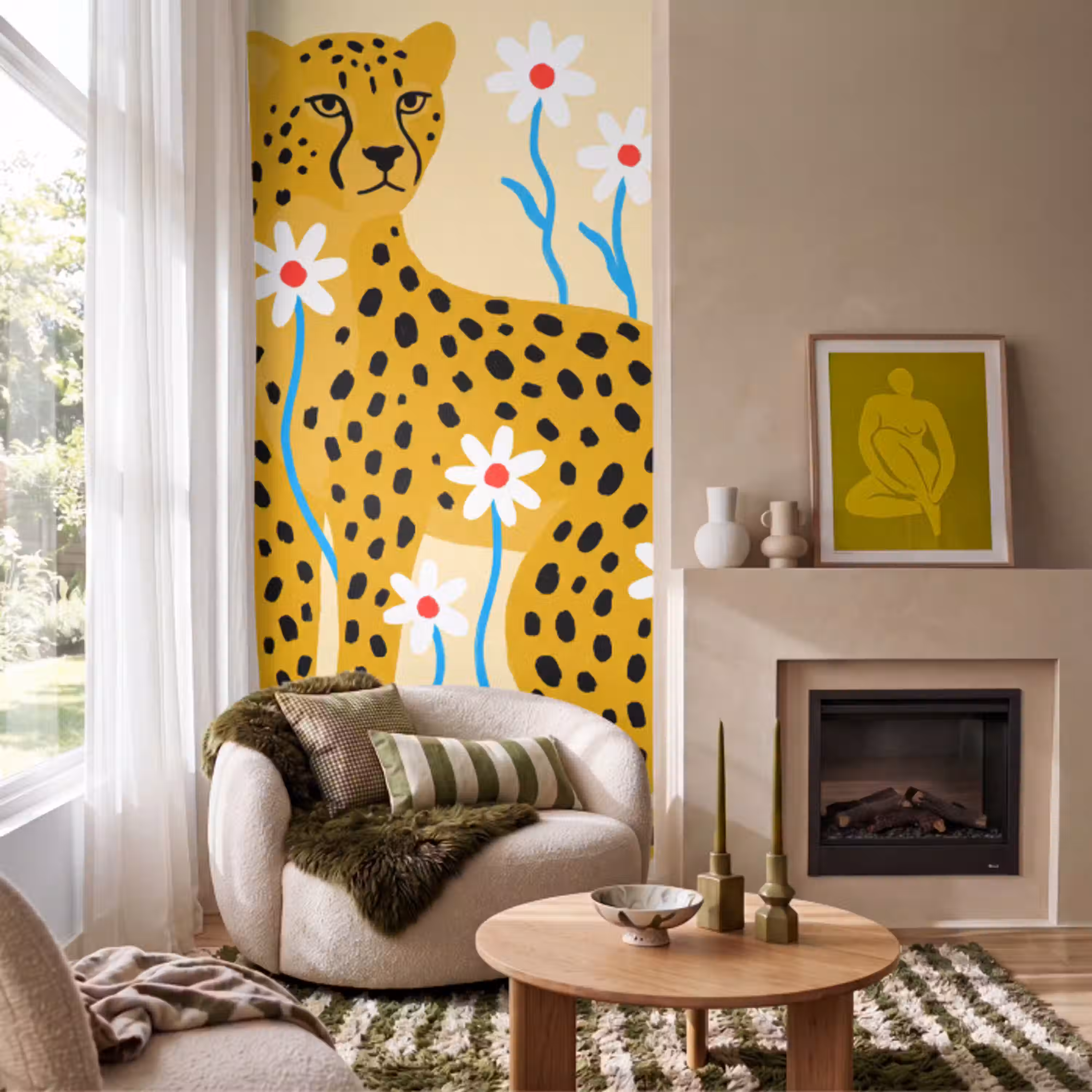 Dieren - Jachtluipaard - Bloemen - Modern - Geel Behang Vlies klein -sfeer2