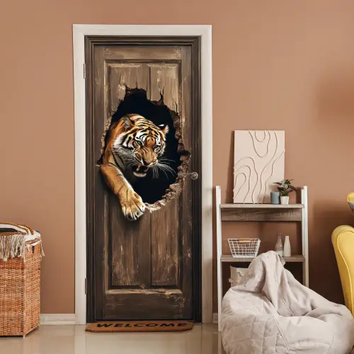 Tijger - Doorkijk - Deur - Hout - Dieren deurposter klein -sfeer1