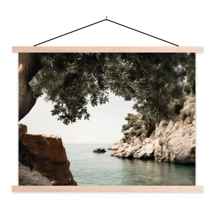 Rotsen - Zee - Boom - Groen textielposter latten blank klein -3d
