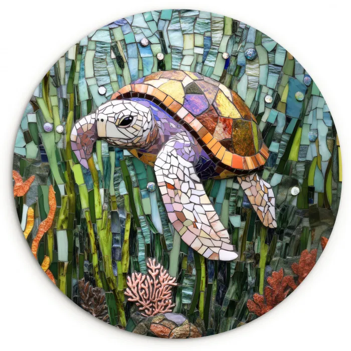 Schildpad - Zeewier - Mozaïek Wandcirkel kunststof plaat 5mm dik klein -3d