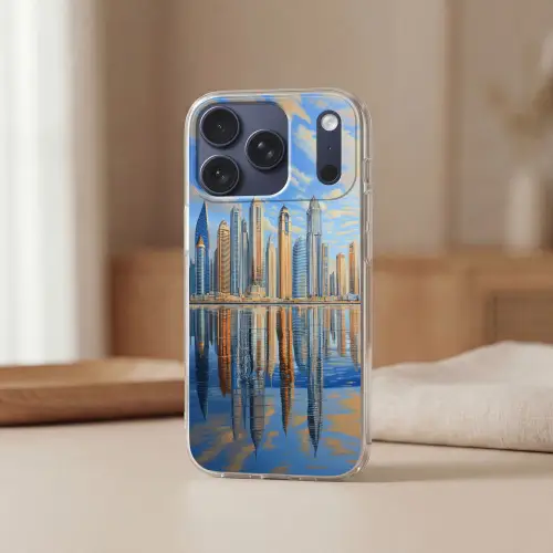 Skyline - Wolkenkrabbers - Water - Blauw Telefoonhoesje iPhone 17 Pro klein -sfeer2