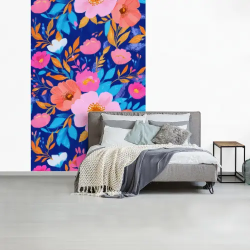 Bloemen - Blauw - Roze fotobehang vinyl groot -slaapkamer