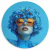 Vrouw - Bloem - Blauw - Modern - Bril - Portret Wandcirkel kunststof plaat 5mm dik klein -3d