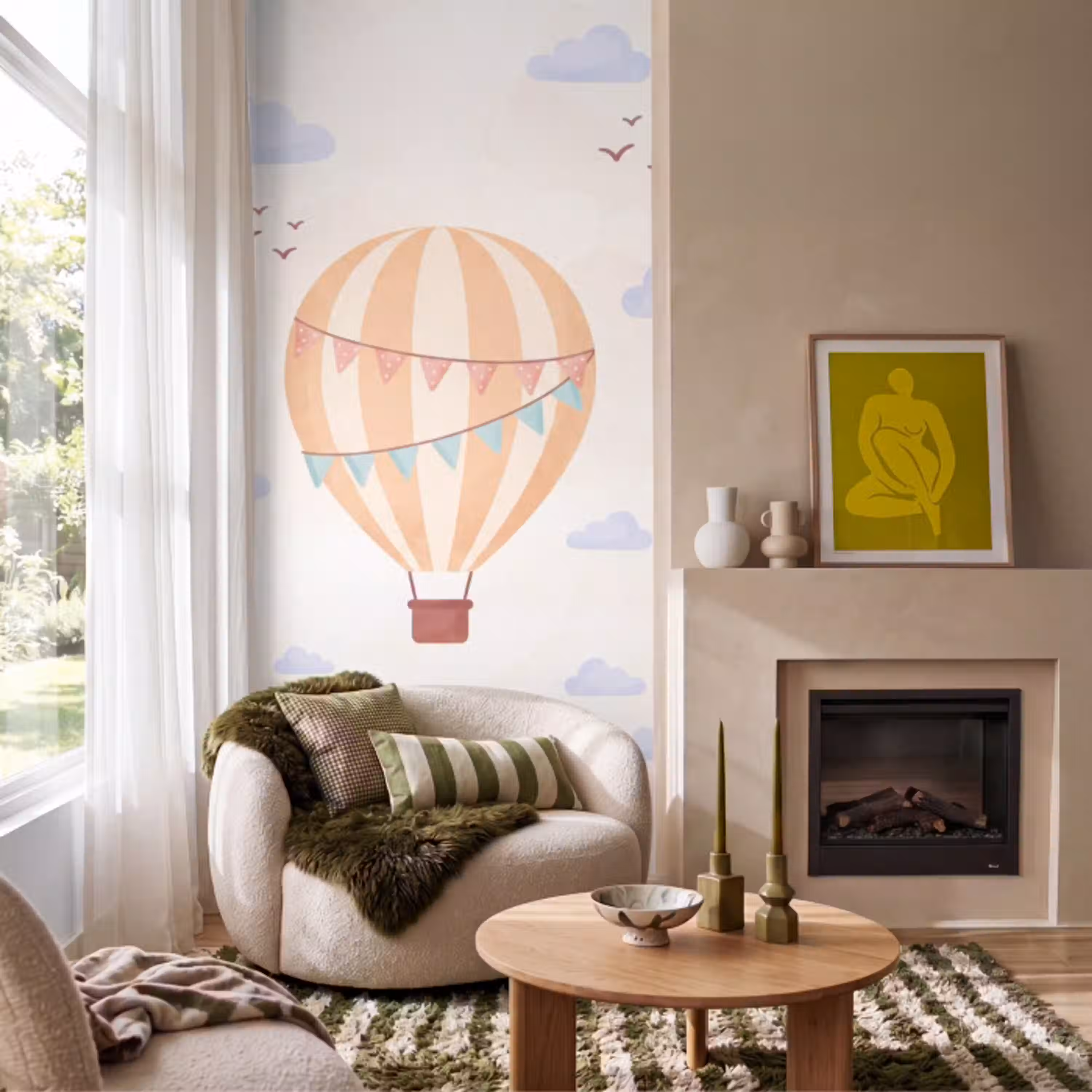 Luchtballon - Wolken - Illustratie - Zacht - Kinderkamer Behang Vlies klein -sfeer2