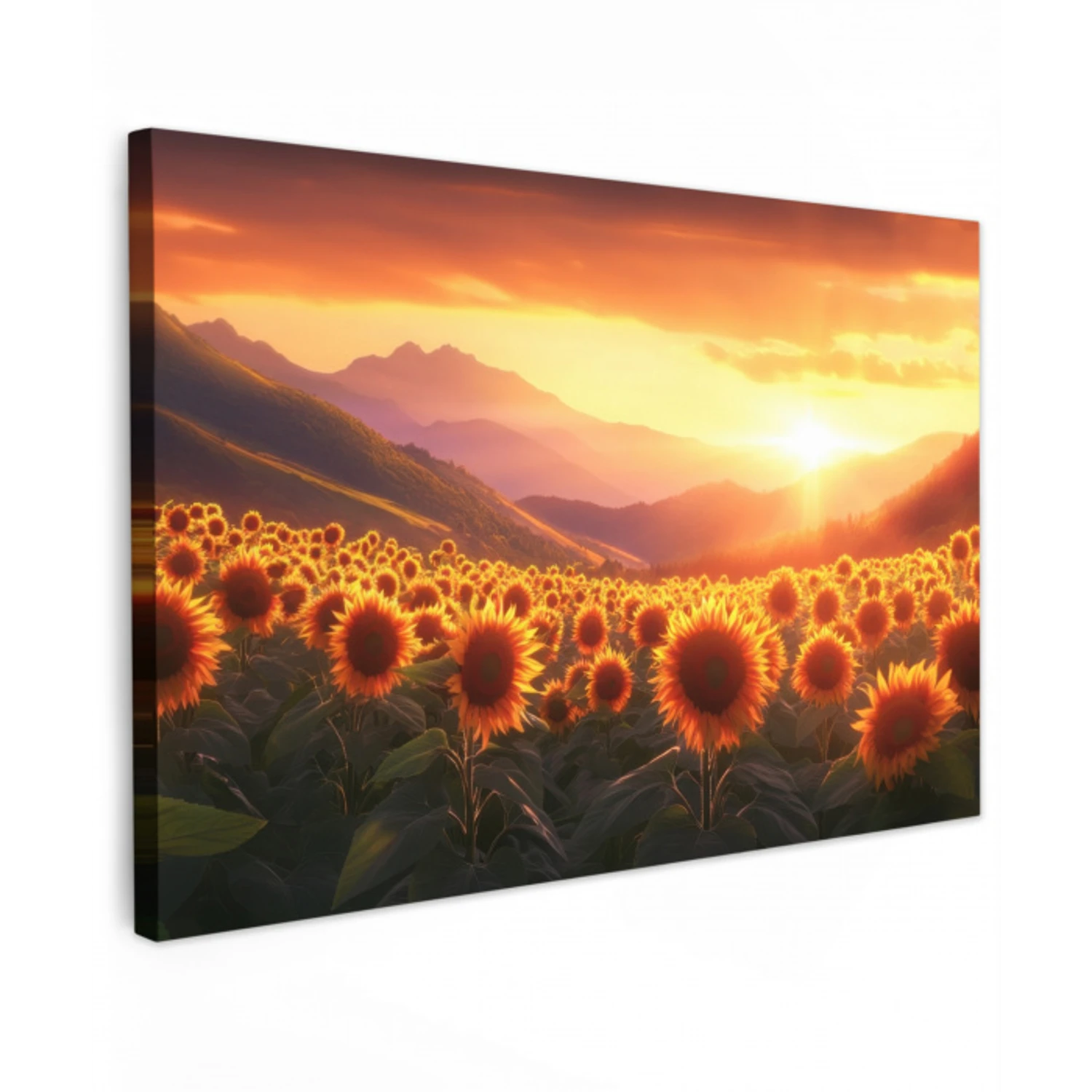 Zonnebloemen - Zonsondergang - Landschap Tuinposter op houten frame 2 cm dik klein -3d