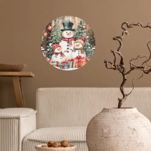 Sneeuwpop - Familie - Kleurrijk Wandcirkel behangsticker klein -sfeer1