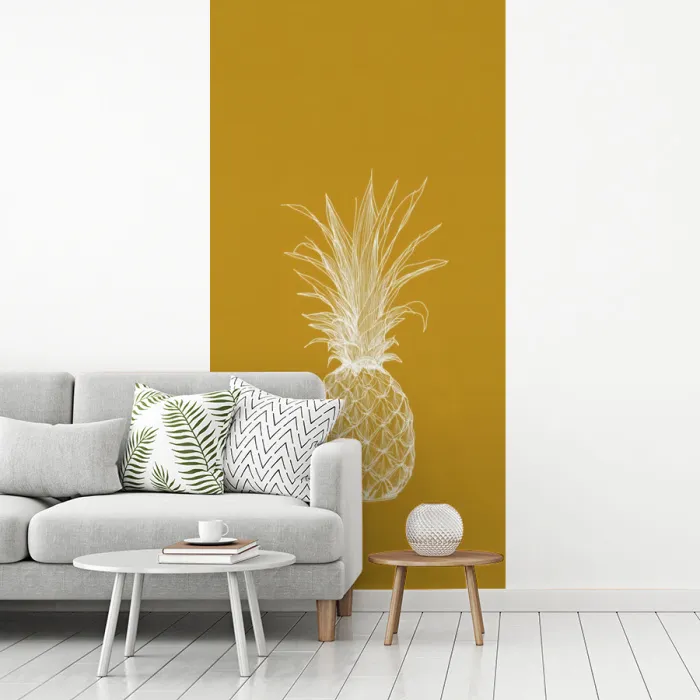 Lijnillustratie - Ananas - Bladkroon - Okergeel fotobehang vinyl groot -woonkamer