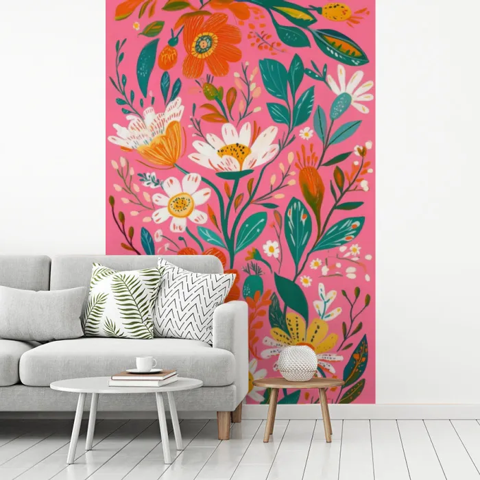 Roze - Bloemen - Wit - Oranje fotobehang vinyl groot -woonkamer